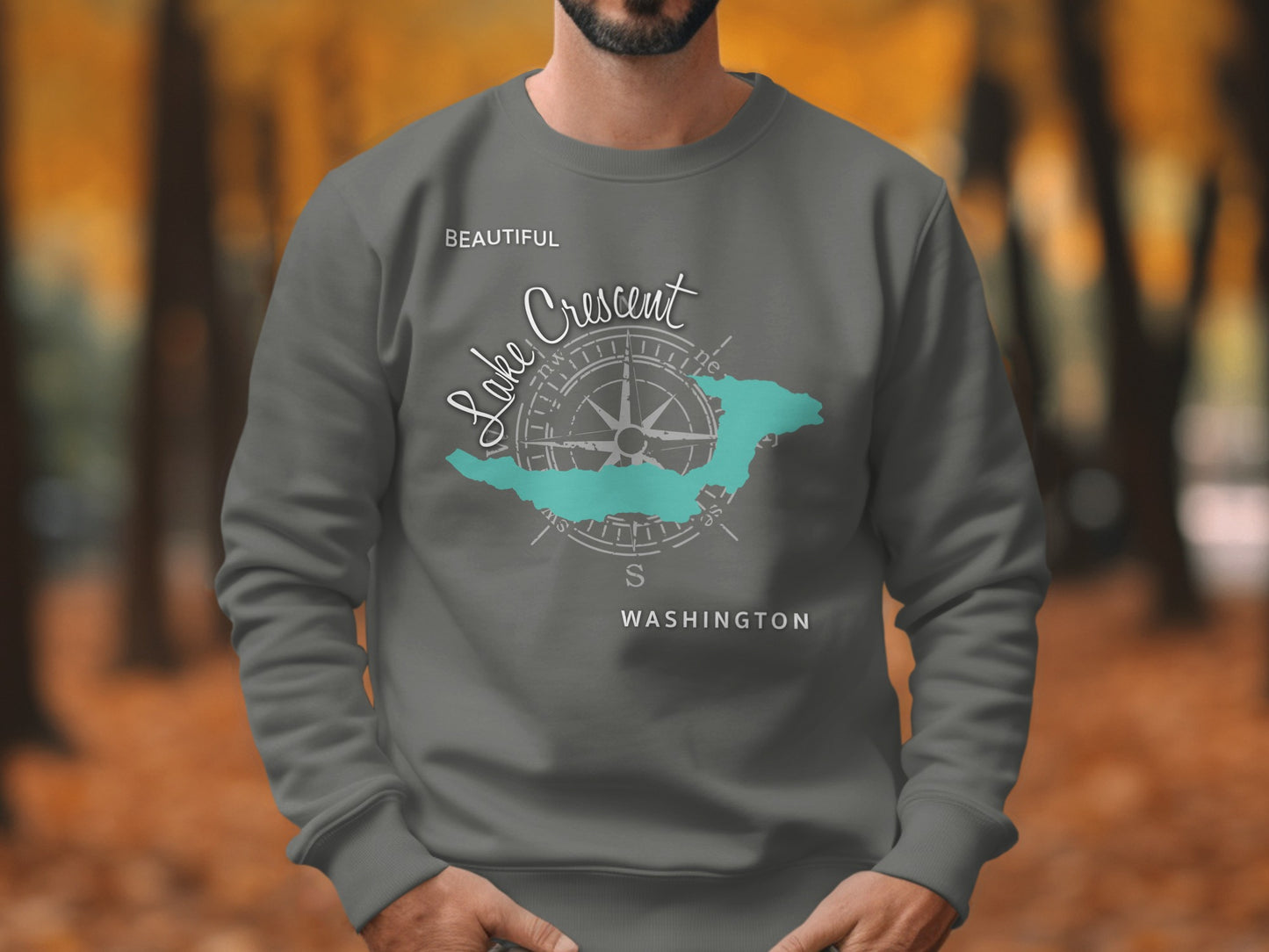 Sweatshirt with compass graphic and "Lake Crescent Washington" text.