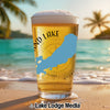 Glass of beer with a light blue outline of Ontario on the glass.