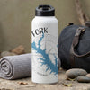 White water bottle with "Fork" text, blue lake graphic, and compass rose.
