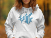 White hoodie with a blue map graphic of Leech Lake, Minnesota.