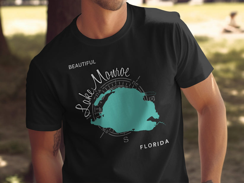Black t-shirt with "Beautiful Lake Monroe Florida" and lake outline.