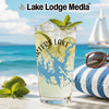 Glass with Lake Lanier map, lime, mint, and "Lake Lodge Media" logo.