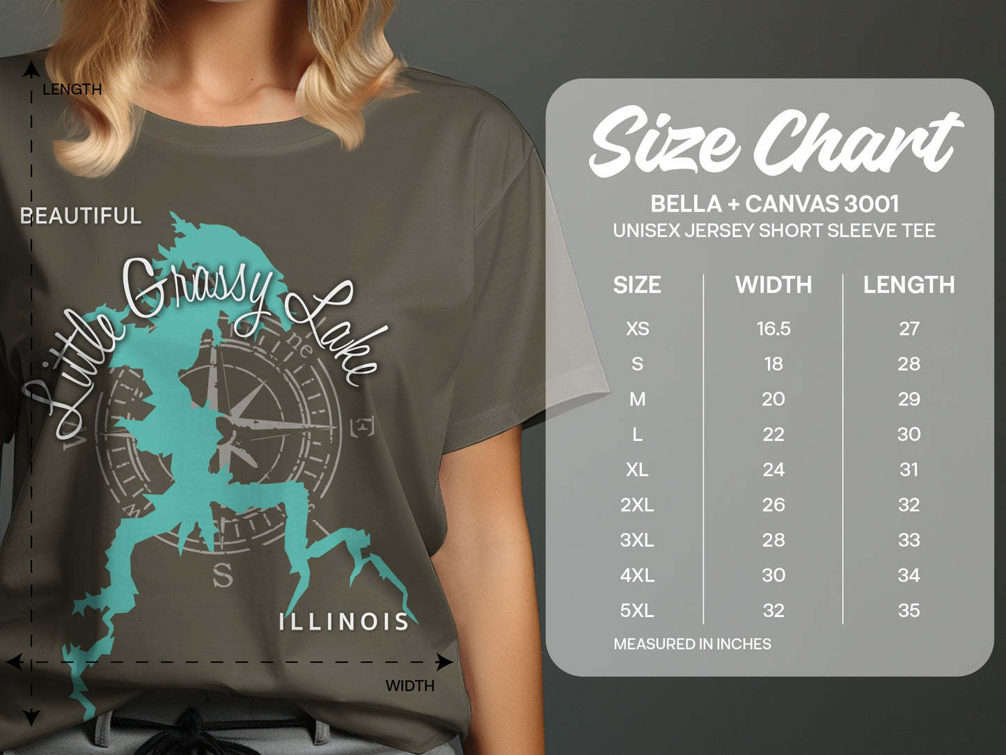 Size chart for Bella + Canvas 3001 unisex t-shirt with lake graphic.