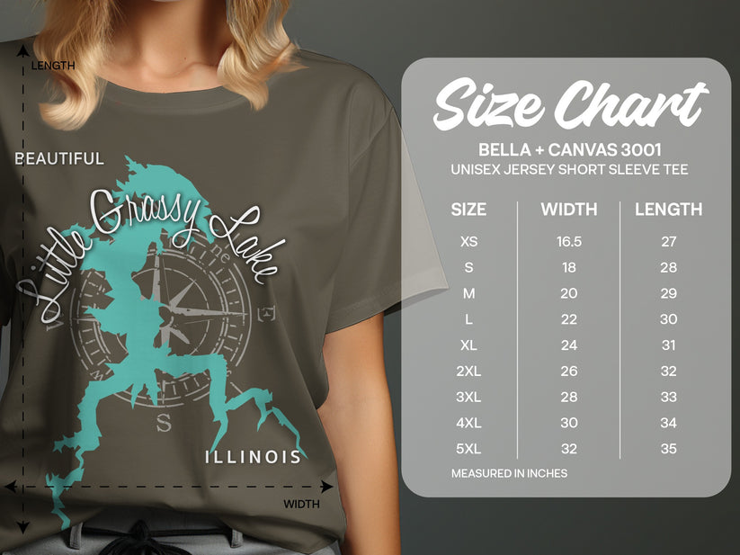Size chart for Bella + Canvas 3001 unisex t-shirt with lake graphic.