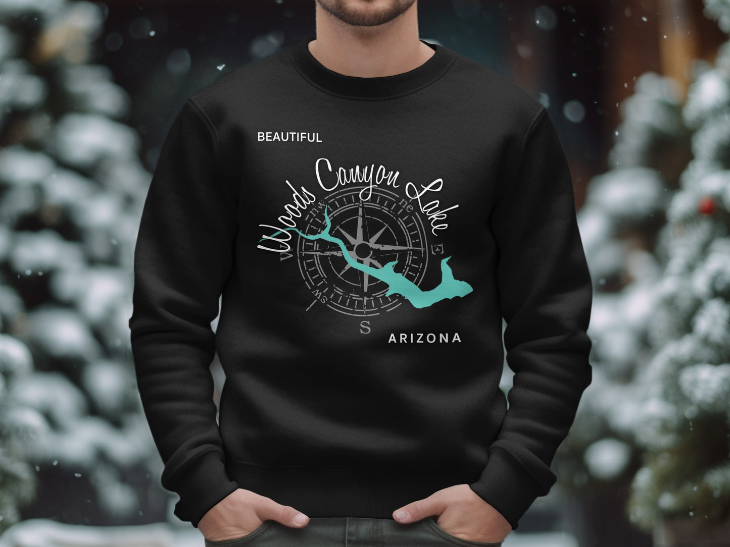 Black sweatshirt with a compass and "Woods Canyon Lake Arizona" graphic.