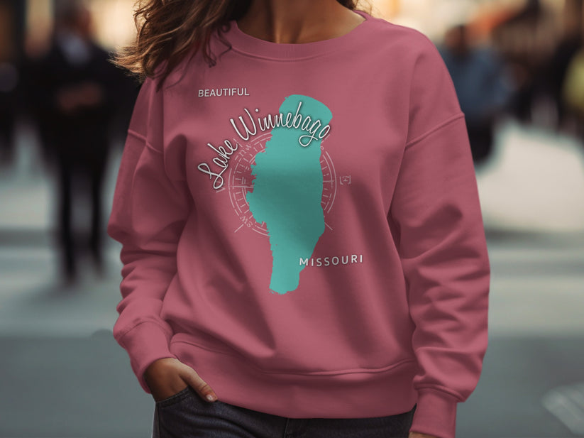 Rose sweatshirt with a teal map outline of Lake Winnebago, Missouri.