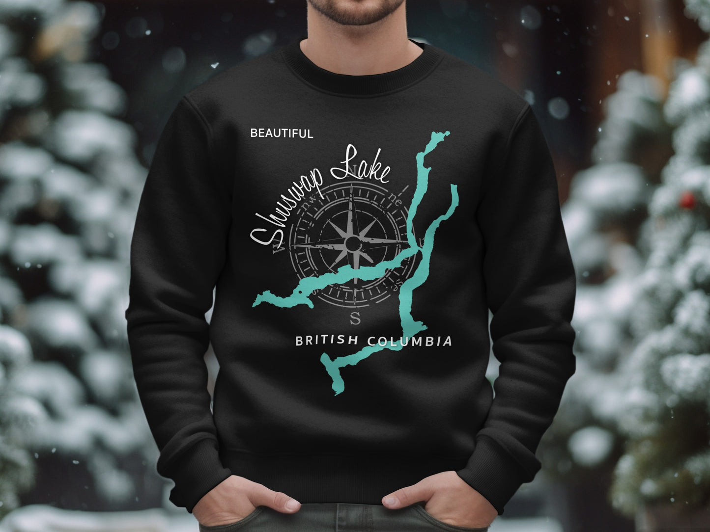 Black sweatshirt with Shuswap Lake map and compass graphic.