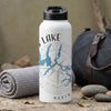 White water bottle with blue lake compass graphic and "NORTH" text.