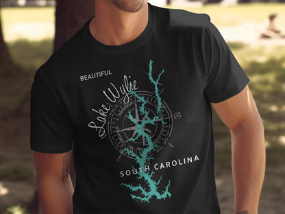 Black t-shirt with "Lake Wylie, Beautiful, South Carolina" and compass design.