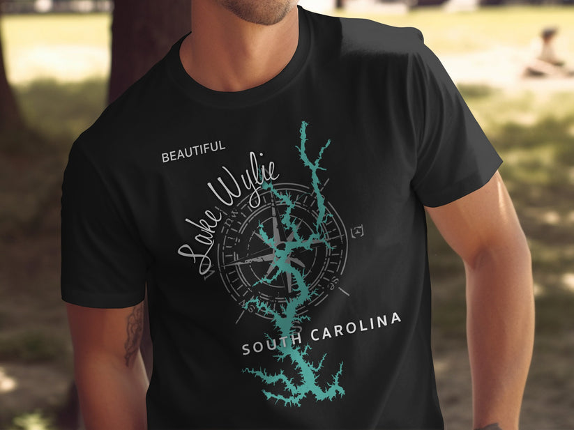 Black t-shirt with "Lake Wylie, Beautiful, South Carolina" and compass design.