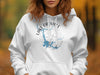 White hoodie with a graphic of Lake Oroville, California, and a compass on the chest.