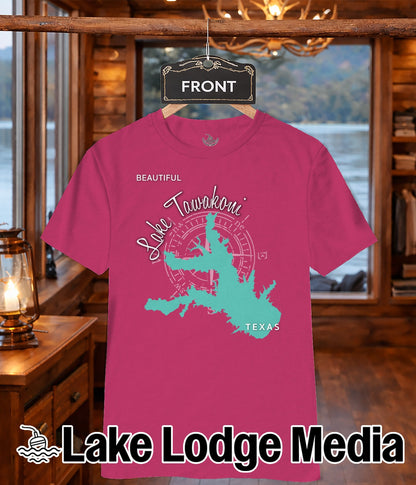 Pink t-shirt with a turquoise map of Lake Texoma and compass rose.