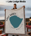 Woven blanket showing the shape of Lake Mary in Minnesota with text.