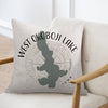 Pillow with West Okoboji Lake outline and compass design, Iowa.