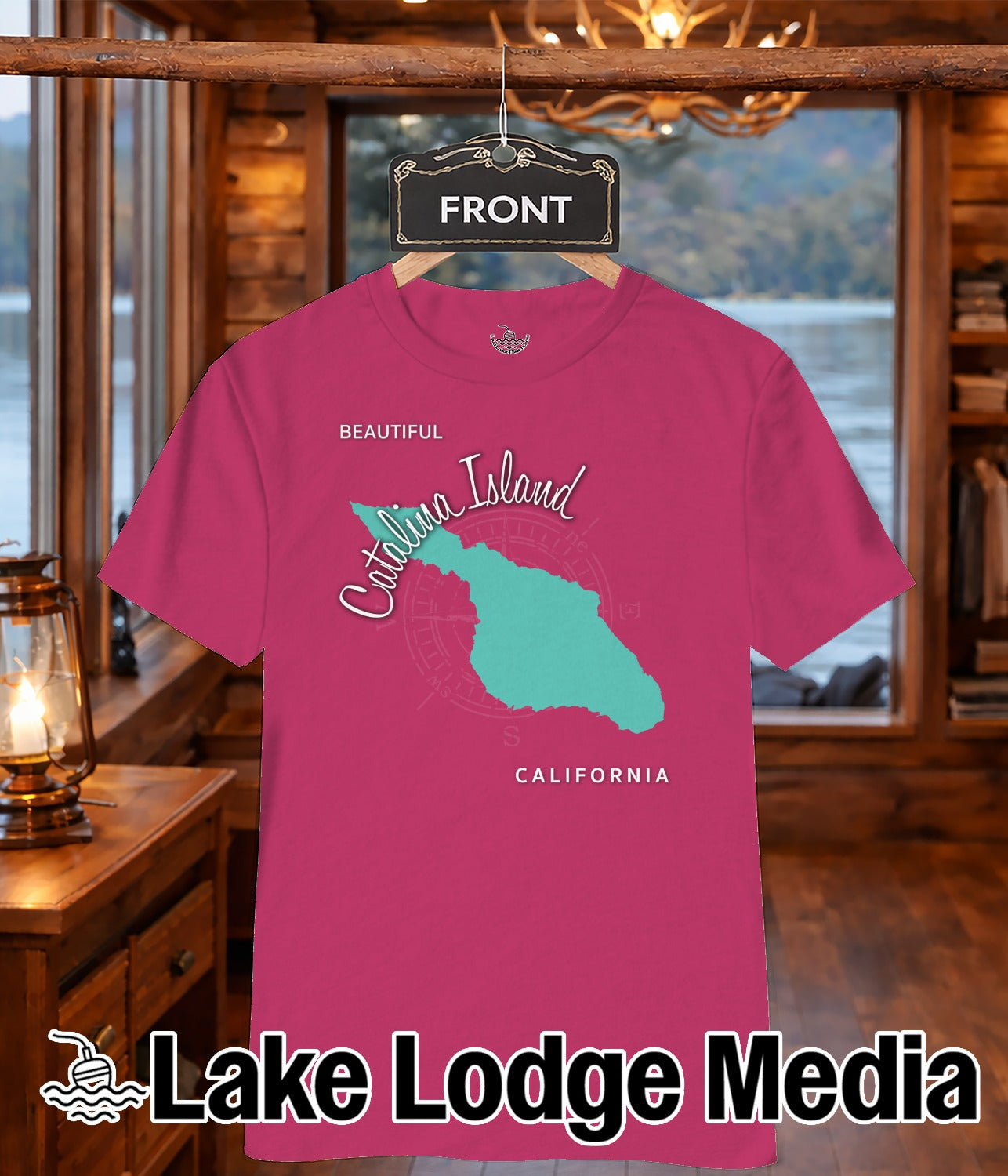 Pink t-shirt with "Catalina Island" and "California" text, and a map outline.