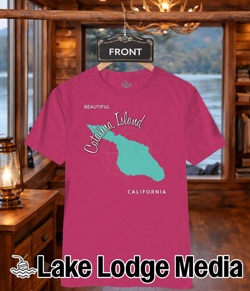 Pink t-shirt with "Catalina Island" and "California" text, and a map outline.
