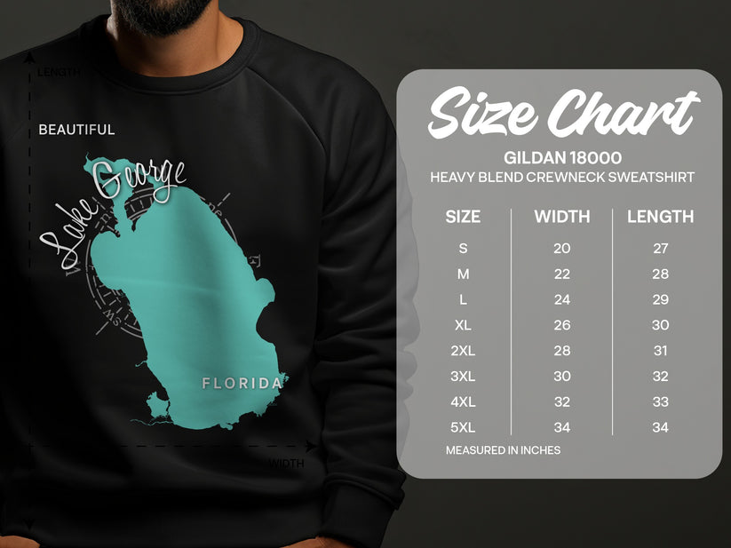 Lake George, Florida graphic on Gildan 18000 sweatshirt size chart.