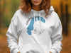 White hoodie with blue Grand Lake outline and compass graphic with "Colorado" text.