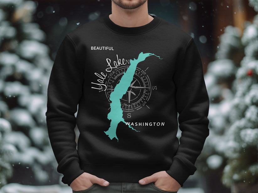 Black sweatshirt with "Beautiful Lake Washington" map and compass graphic.