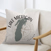 Pillow with Lake Michigan map graphic and compass design, reading "INDIANA" and "LAKE MICHIGAN."