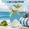 Glass with drink and lime, "Lake Turtle Land" text, beach background.