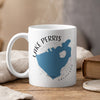 White mug with blue Lake Perris map and "Lake Perris California" text.