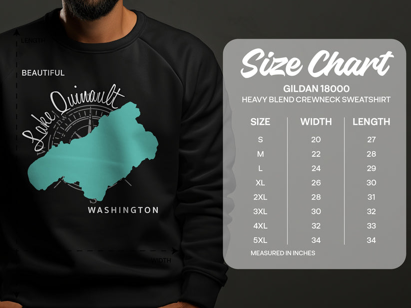 Sweatshirt with Lake Quinault map and size chart.