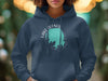 Navy blue hoodie with a circle graphic of Lake Hefner, Oklahoma on the chest.