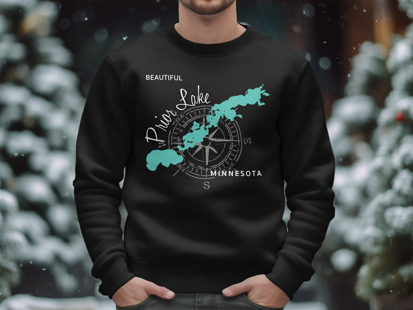 Black sweatshirt with "Prior Lake Minnesota" and compass design.