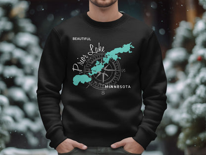 Black sweatshirt with "Prior Lake Minnesota" and compass design.