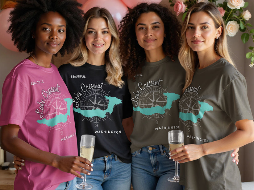 Four women wear t-shirts with a lake outline and "Beautiful Crescent Lake Washington" text.
