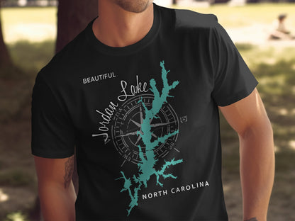Black t-shirt with a compass and Jordan Lake map graphic, North Carolina.