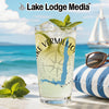 Tall glass with Lake Vermillion map and compass design, lime, mint, and sunglasses.