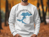 White sweatshirt with "Silverwood Lake California" design and blue lake map.