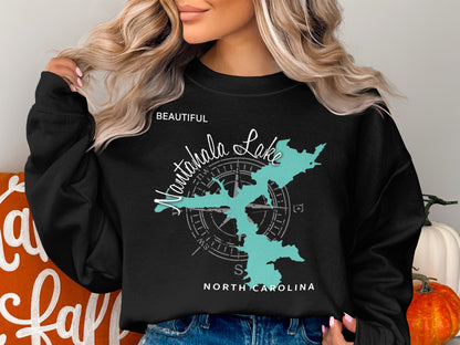 Black sweatshirt with "Beautiful Nantahala Lake North Carolina" and a compass rose map.