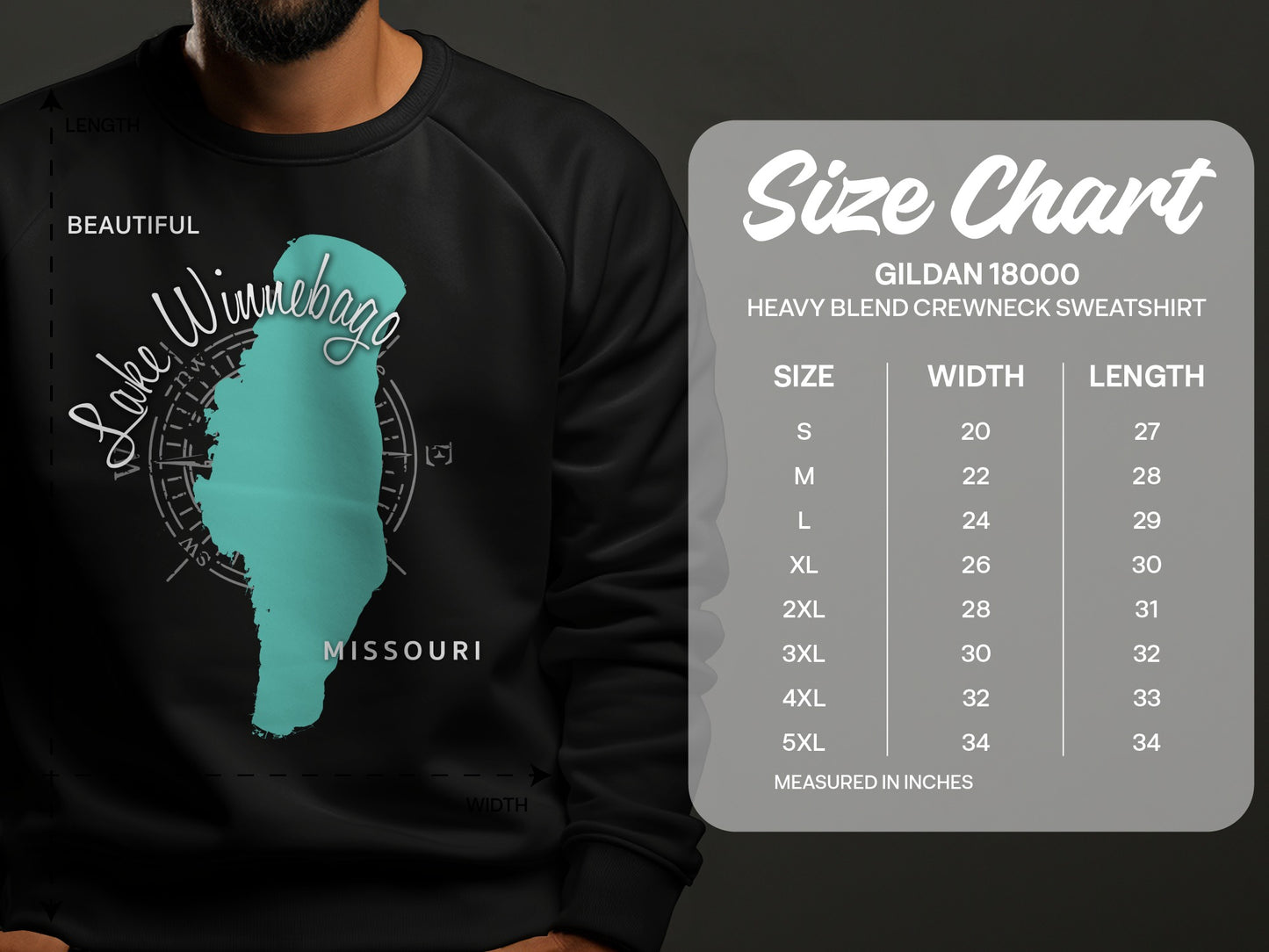 Lake Winnebago graphic on a black crewneck sweatshirt with size chart.