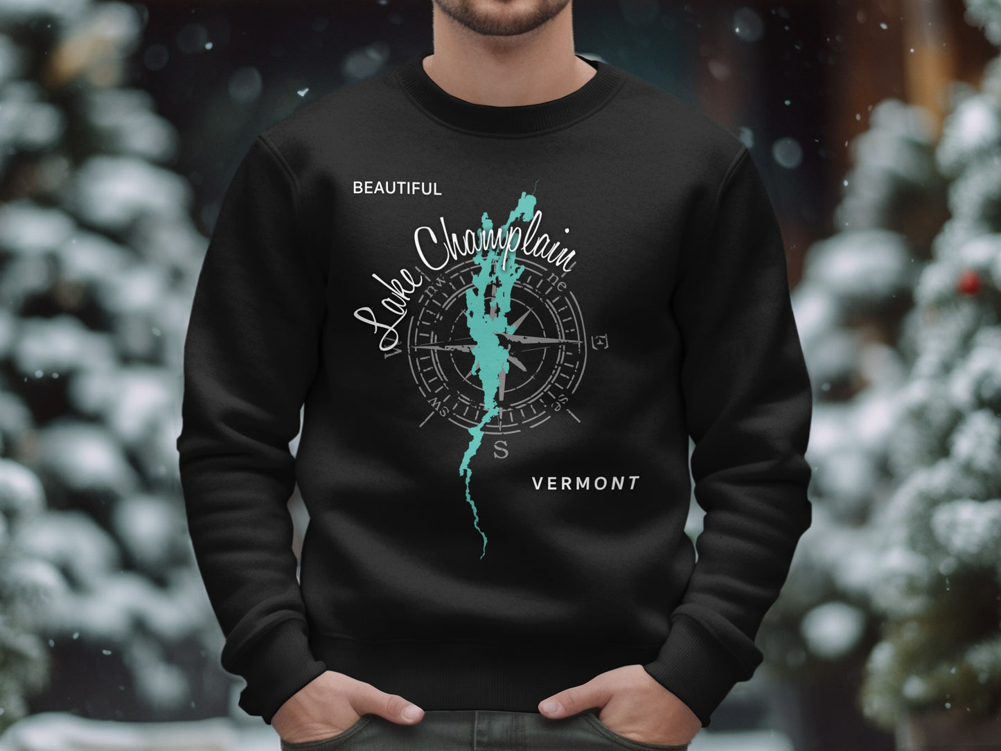 Black sweatshirt with "Beautiful Lake Champlain Vermont" map graphic.