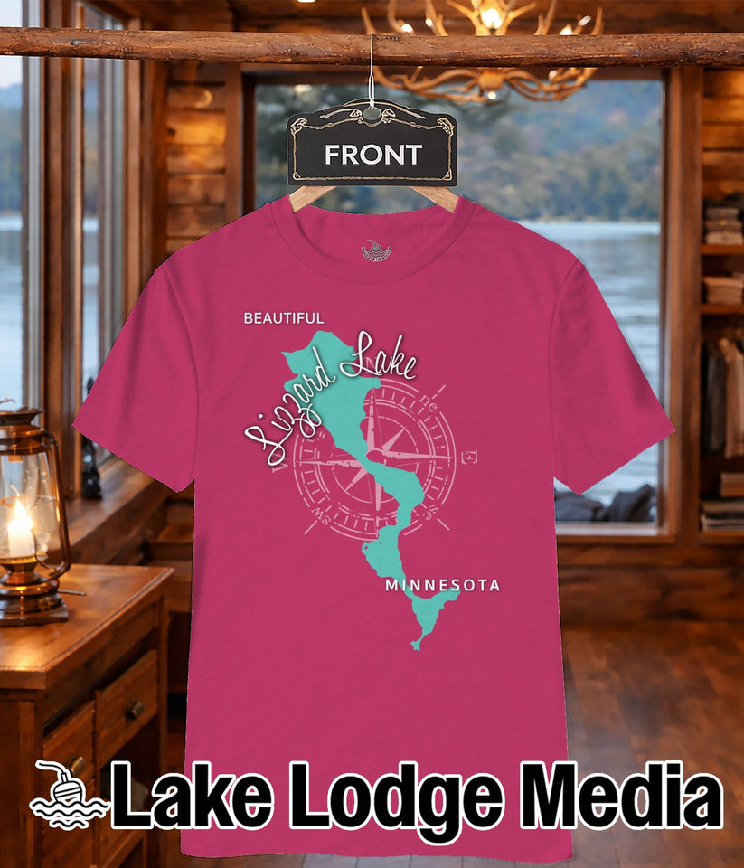 Pink t-shirt with "Lizard Lake" and compass graphic, featuring "Lake Lodge Media" logo.