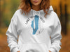 White hoodie with blue Lake Winnebago graphic and compass design.