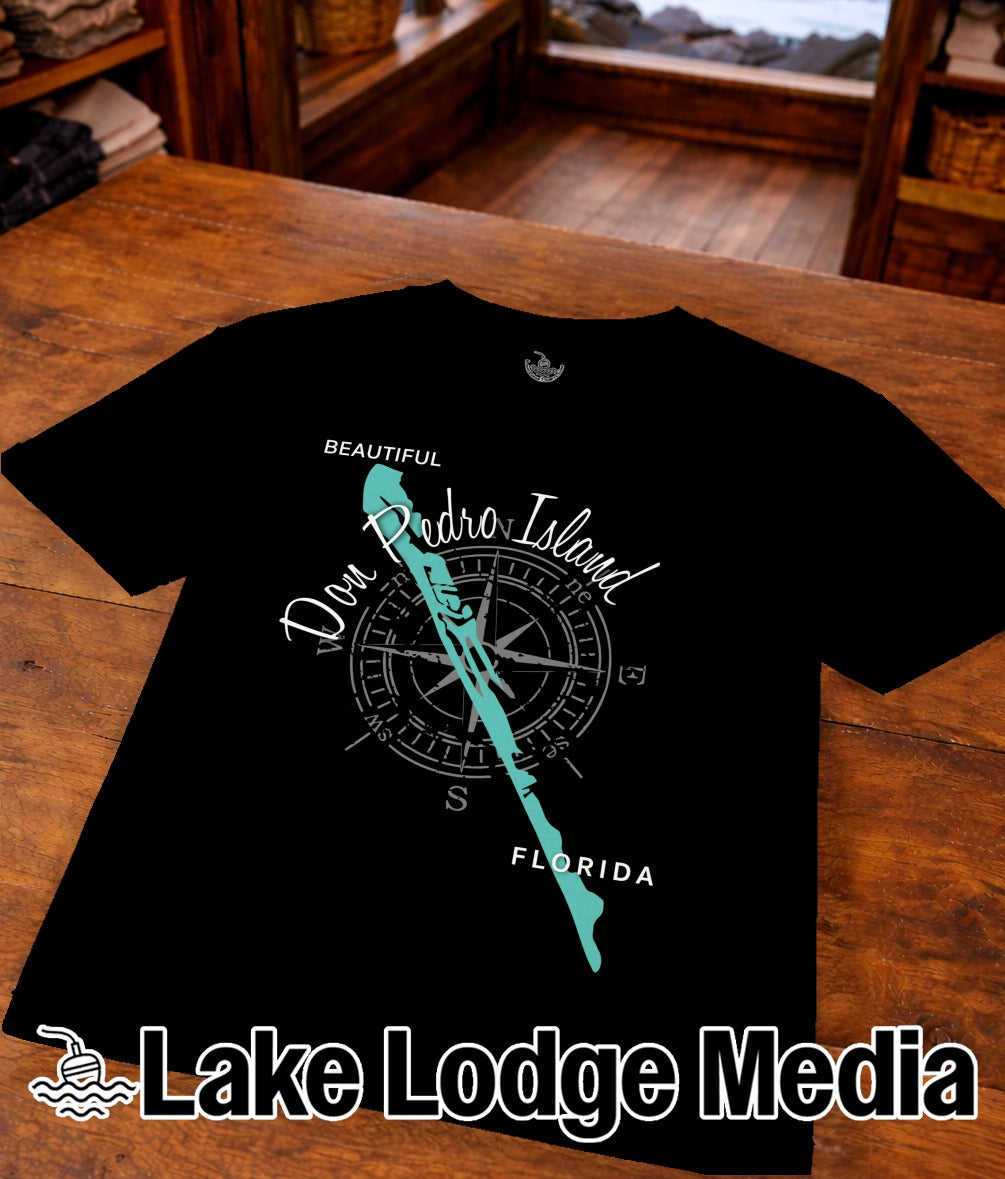 Black t-shirt with "Don Pedro Island Florida" and a compass design.