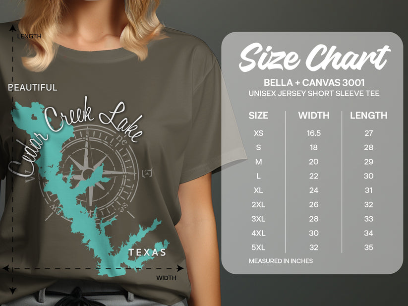 Cedar Creek Lake Texas map on a Bella + Canvas 3001 unisex t-shirt.