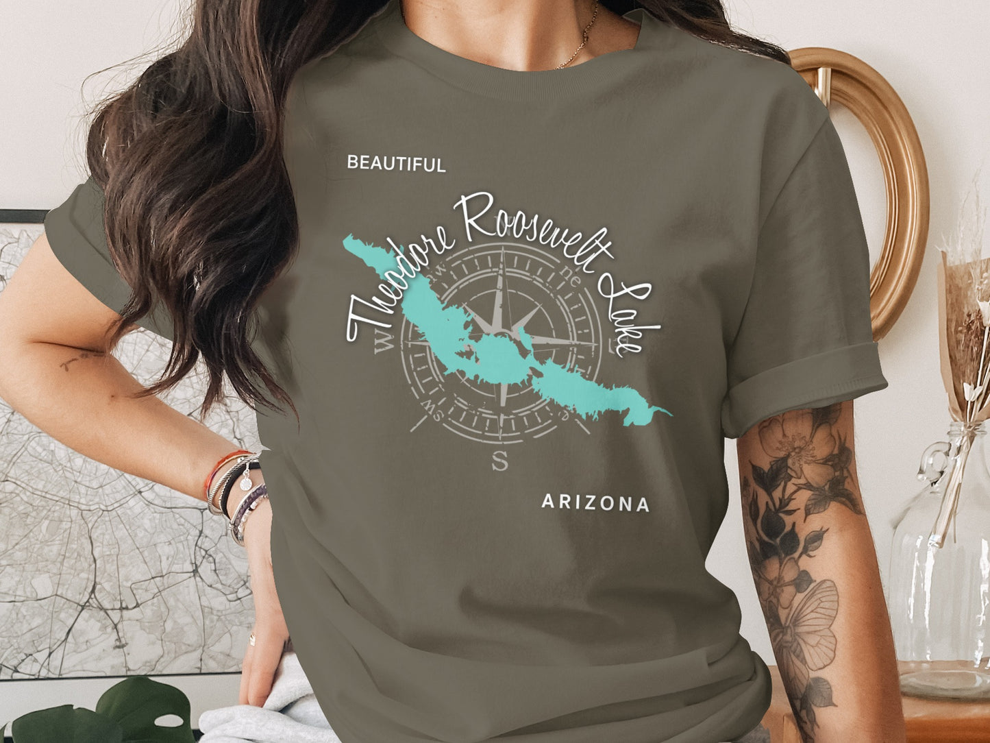 Olive green t-shirt with "Theodore Roosevelt Lake Arizona" and compass graphic.