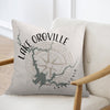 Throw pillow with Lake Oroville California map and compass graphic.