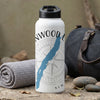 White water bottle with blue lake map and compass design, "NEW YORK" text.