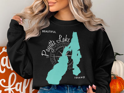 Black sweatshirt with a teal map outline of Payette Lake, Idaho and compass rose.