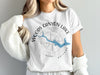 Woods Canyon Lake Arizona graphic printed on white t-shirt with compass and blue outline.