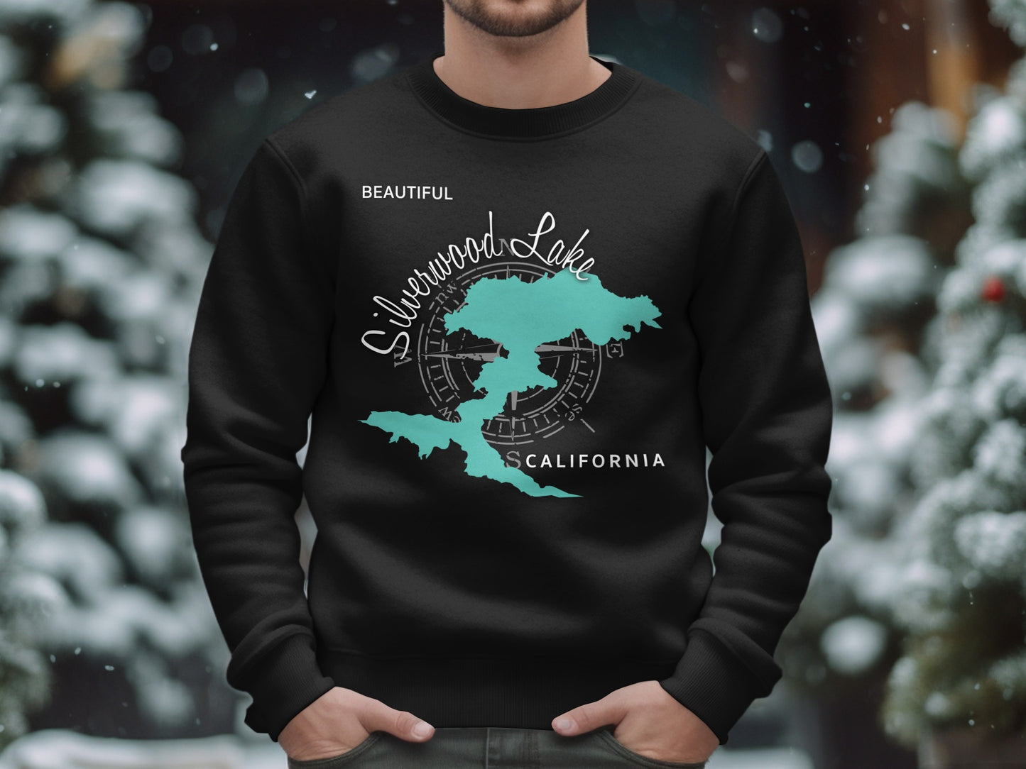 Black sweatshirt with "Silverwood Lake CALIFORNIA" and a compass graphic.