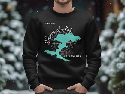 Black sweatshirt with "Silverwood Lake CALIFORNIA" and a compass graphic.