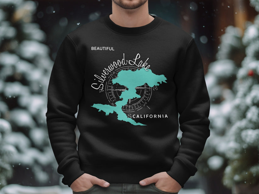 Black sweatshirt with "Silverwood Lake CALIFORNIA" and a compass graphic.