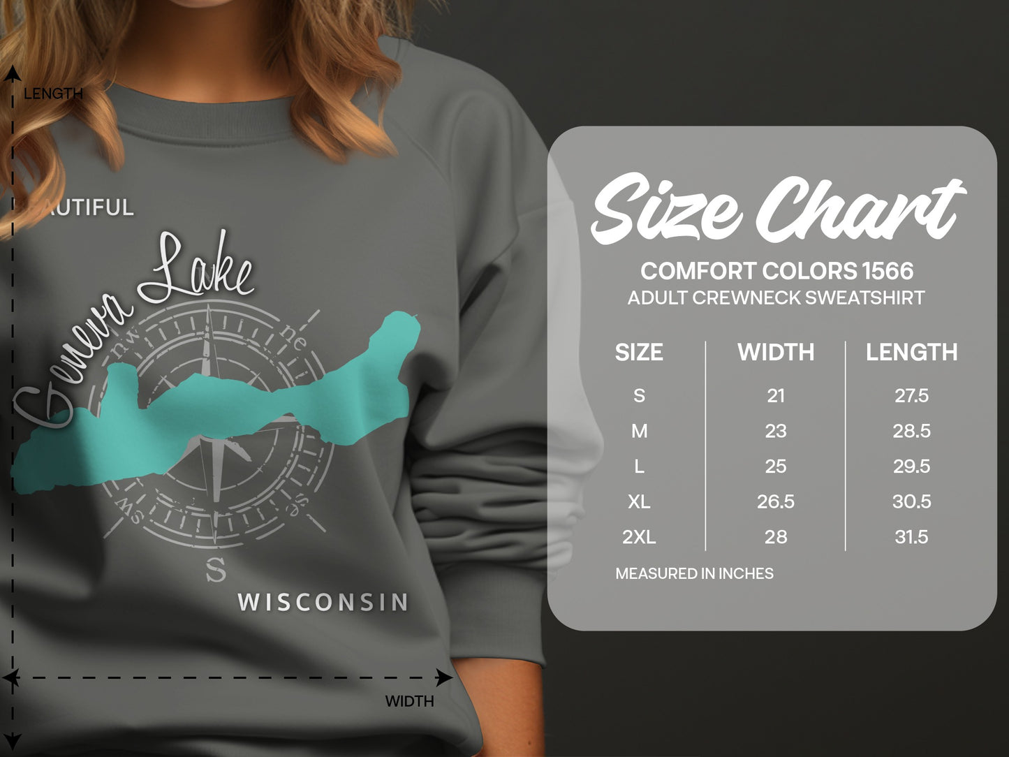Sweatshirt size chart for Lake Geneva WISCONSIN Comfort Colors 1566.